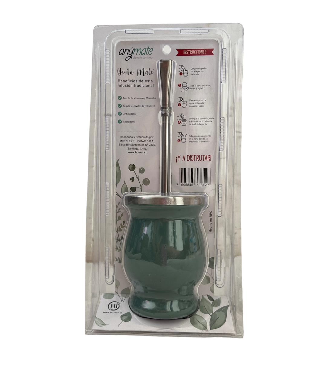 Anymate Mate Acero Inox. 200 Ml Verde + Bombilla Metálica