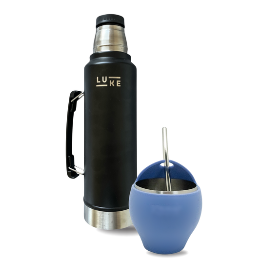 Set Termo Mate Luke Negro + Bombilla + Mate Azul Acero Inox.