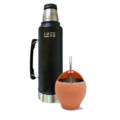 Set Termo Mate Luke Negro +bombilla + mate Naranja Acero Inox.