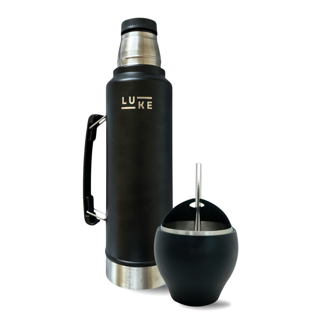 Set Termo Mate Luke Negro + Bombilla + Mate Acero Inoxidable