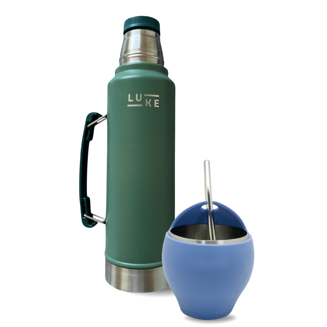 Set Termo Mate Luke Verde + Mate Azul Acero Inoxidable + Bombilla