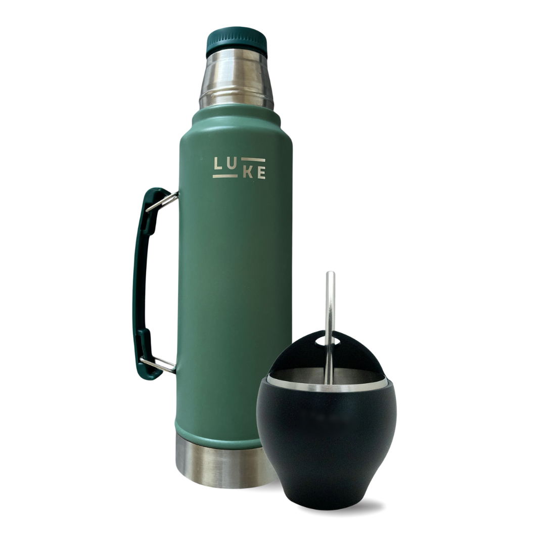 Set Termo Mate Luke Verde + Mate Negro Acero Inoxidable + Bombilla