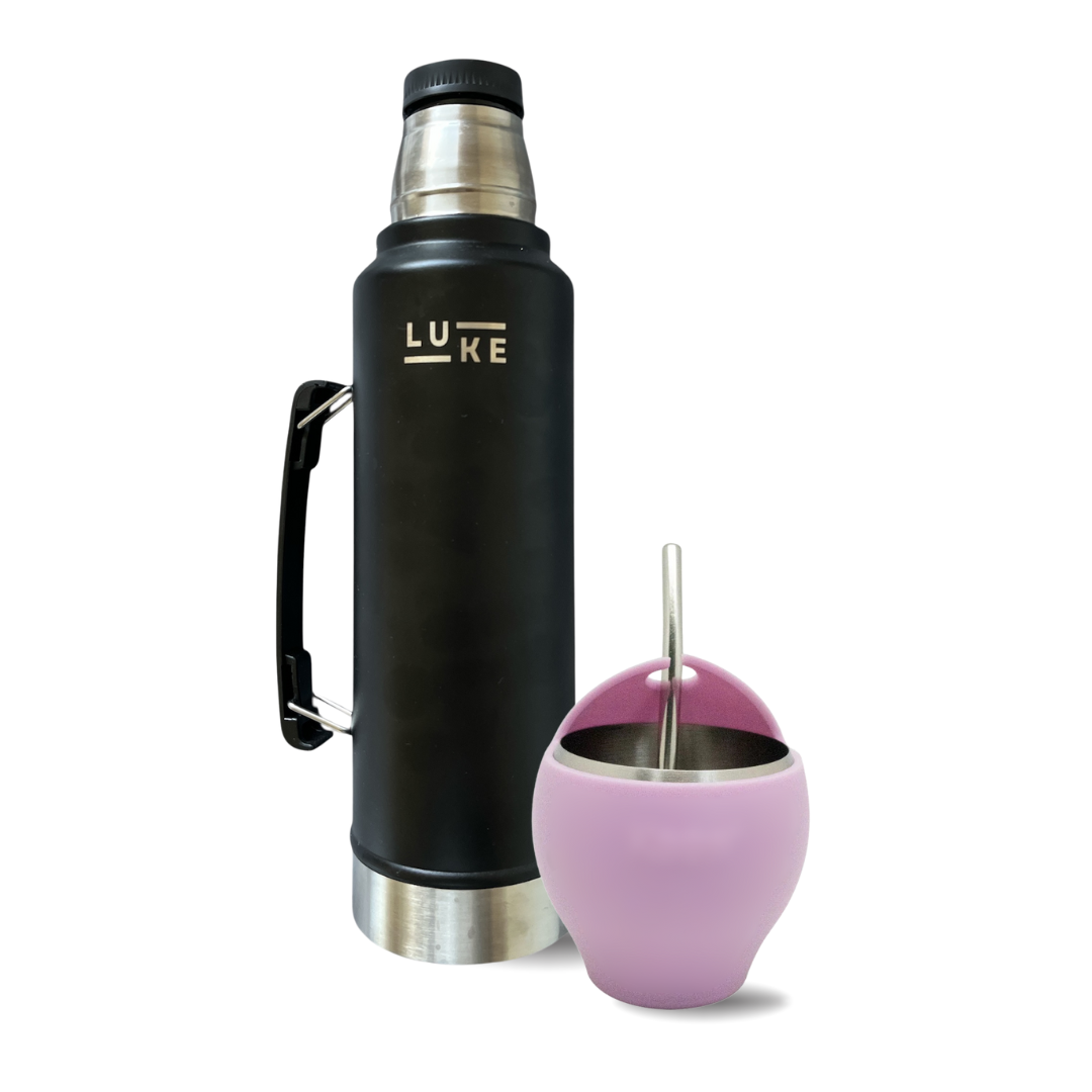 Set Termo Mate Luke Negro +bombilla+mate Lila Acero Inoxidable.