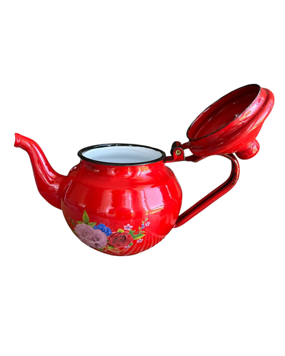Tetera Enlozada Vintage 440 Ml Rojo Con Flores