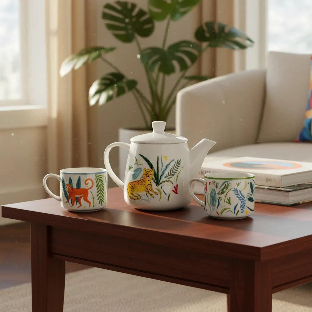 Juego De Te, Tetera 400 Ml + 2 Tazas De Porcelana 150 Ml C/u