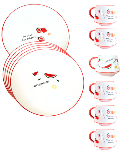 Juego De 6 Tazas Loza Y 6 Platos De Postre Diseño Frutas