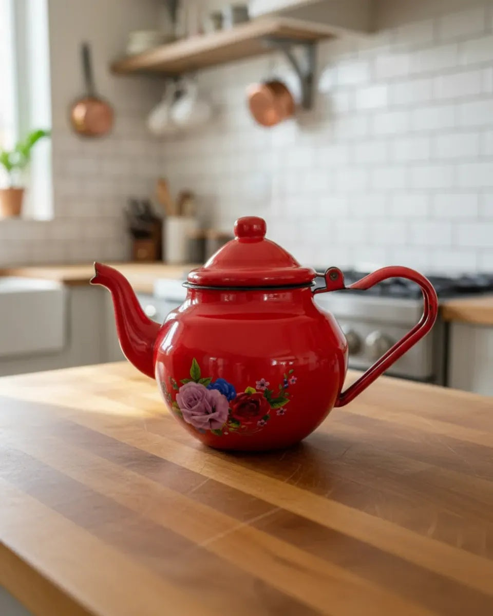 Tetera Enlozada Vintage 440 Ml Rojo Con Flores