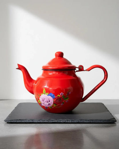 Tetera Enlozada Vintage 440 Ml Rojo Con Flores