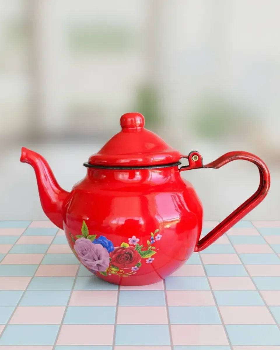 Tetera Enlozada Vintage 440 Ml Rojo Con Flores
