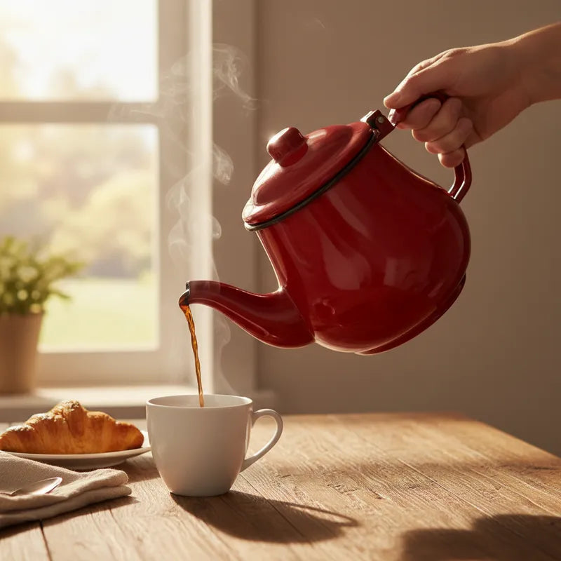 Tetera Para Té Café  1l Enlozado Rojo Guinda Vintage